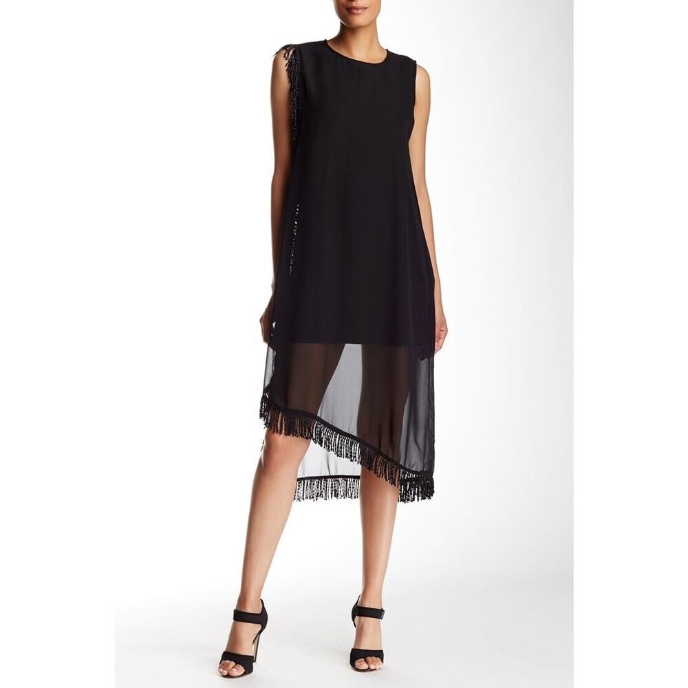 MAAC London Size M Cann Midi Dress Sheer Asymmetrical Fringe Black - Picture 2 of 11